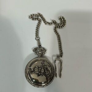 Luis Cardini Silver Tone Pocket Watch Rider Cowboy Engraved Front Floral Back